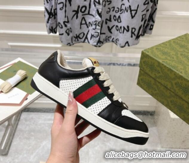 Grade Quality Gucci Screener Trainer Sneakers in Perforated Leather with Web Black/White 1119137