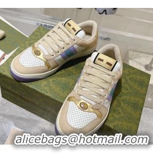 Good Quality Gucci Screener Trainer Sneakers in Perforated Leather with Web Beige/Gold 1119138