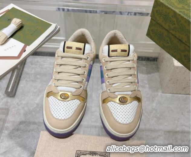 Good Quality Gucci Screener Trainer Sneakers in Perforated Leather with Web Beige/Gold 1119138