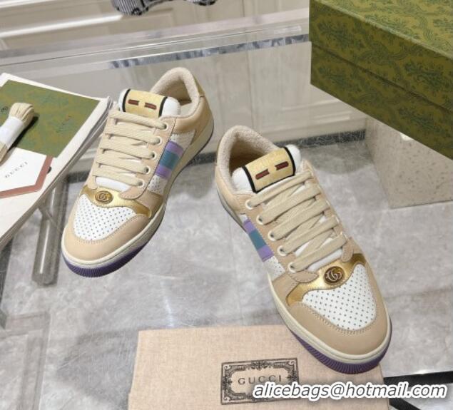 Good Quality Gucci Screener Trainer Sneakers in Perforated Leather with Web Beige/Gold 1119138