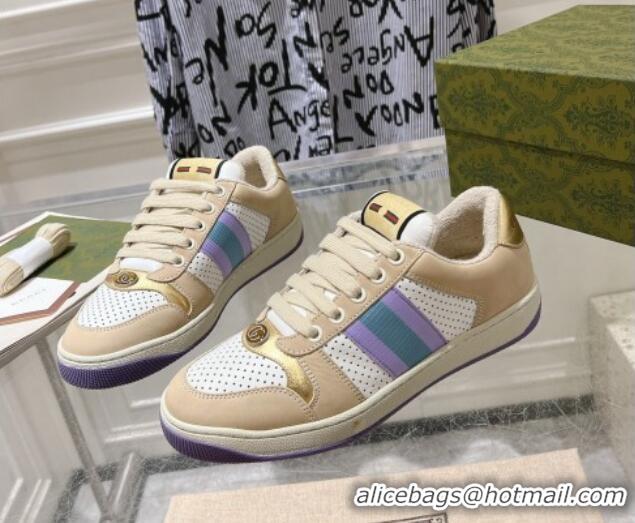 Good Quality Gucci Screener Trainer Sneakers in Perforated Leather with Web Beige/Gold 1119138