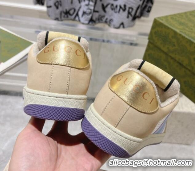 Good Quality Gucci Screener Trainer Sneakers in Perforated Leather with Web Beige/Gold 1119138