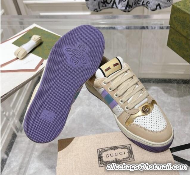 Good Quality Gucci Screener Trainer Sneakers in Perforated Leather with Web Beige/Gold 1119138