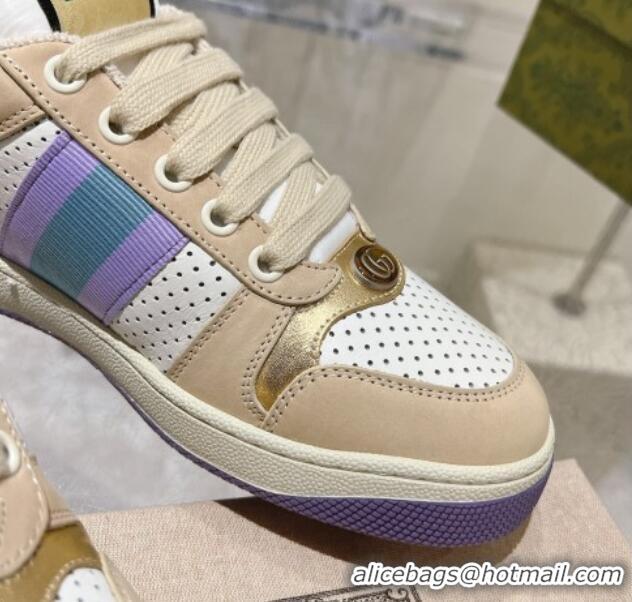 Good Quality Gucci Screener Trainer Sneakers in Perforated Leather with Web Beige/Gold 1119138