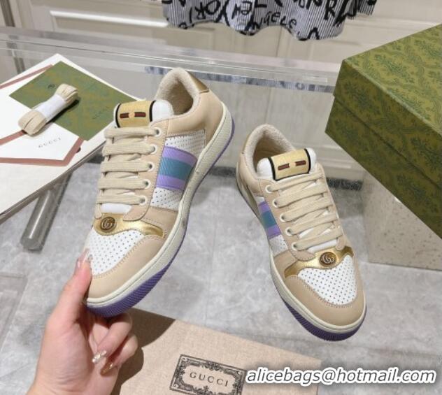 Good Quality Gucci Screener Trainer Sneakers in Perforated Leather with Web Beige/Gold 1119138