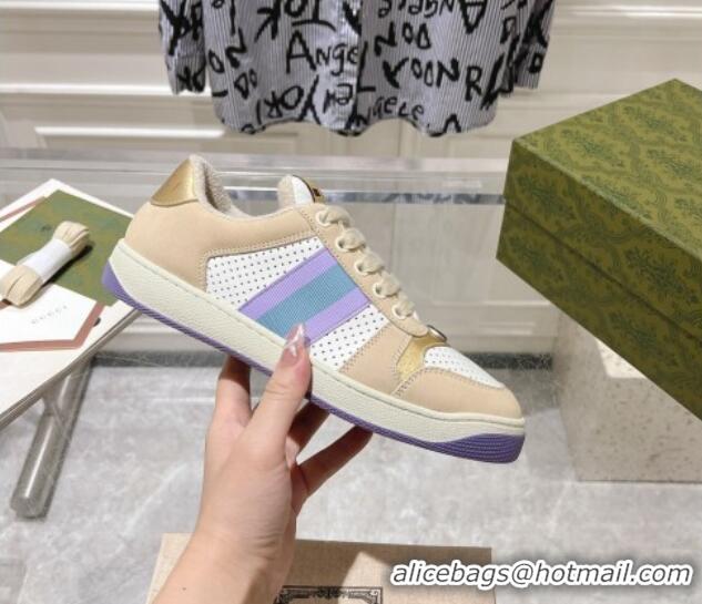 Good Quality Gucci Screener Trainer Sneakers in Perforated Leather with Web Beige/Gold 1119138