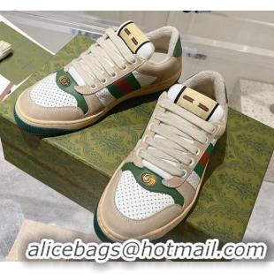 Best Price Gucci Screener Trainer Sneakers in Perforated Leather with Web Beige/Green 1119139