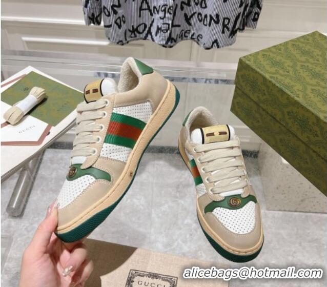 Best Price Gucci Screener Trainer Sneakers in Perforated Leather with Web Beige/Green 1119139