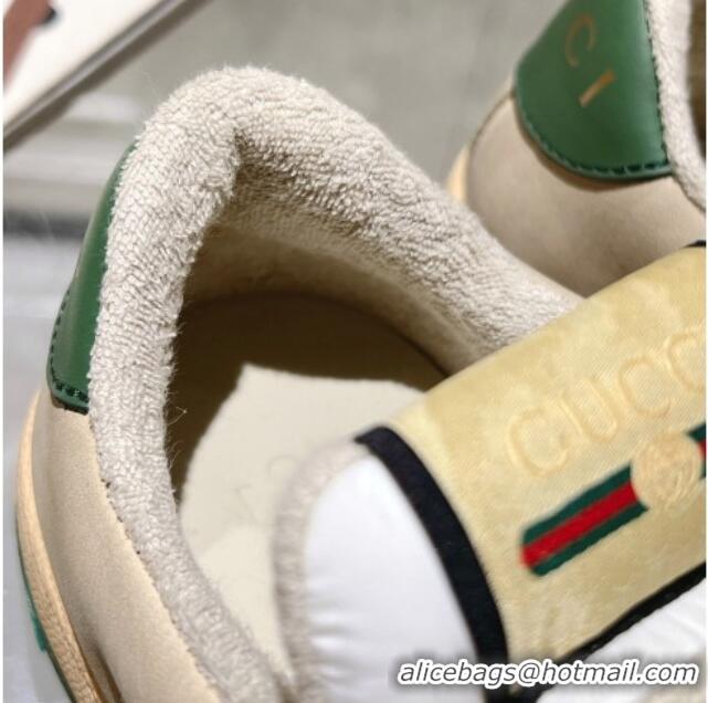 Best Price Gucci Screener Trainer Sneakers in Perforated Leather with Web Beige/Green 1119139