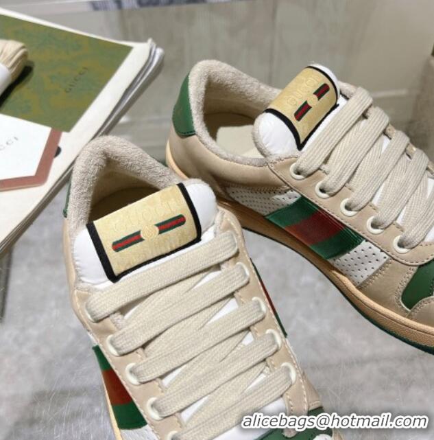 Best Price Gucci Screener Trainer Sneakers in Perforated Leather with Web Beige/Green 1119139