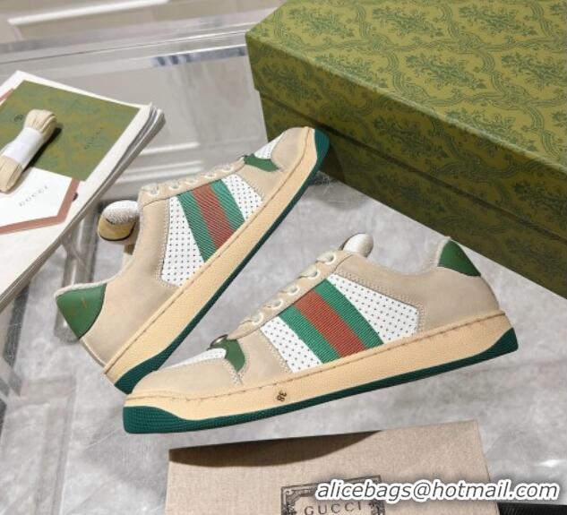 Best Price Gucci Screener Trainer Sneakers in Perforated Leather with Web Beige/Green 1119139