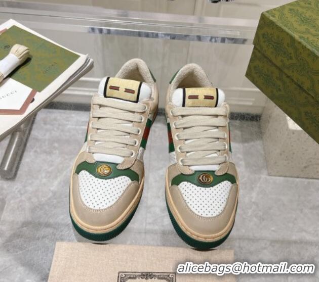 Best Price Gucci Screener Trainer Sneakers in Perforated Leather with Web Beige/Green 1119139