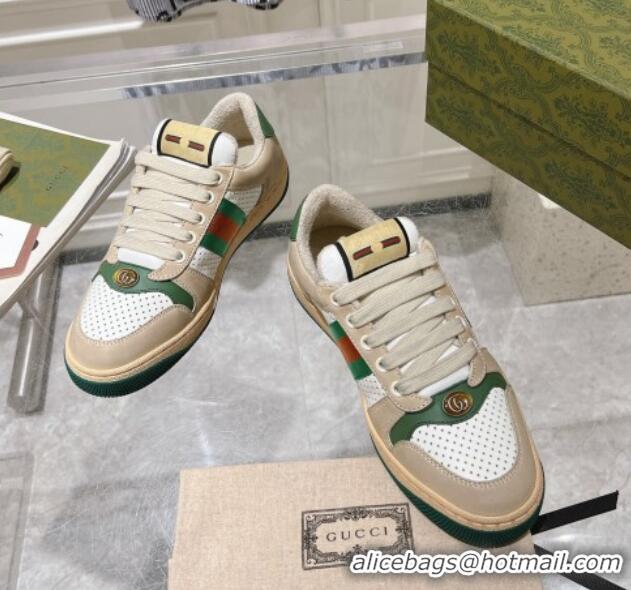 Best Price Gucci Screener Trainer Sneakers in Perforated Leather with Web Beige/Green 1119139