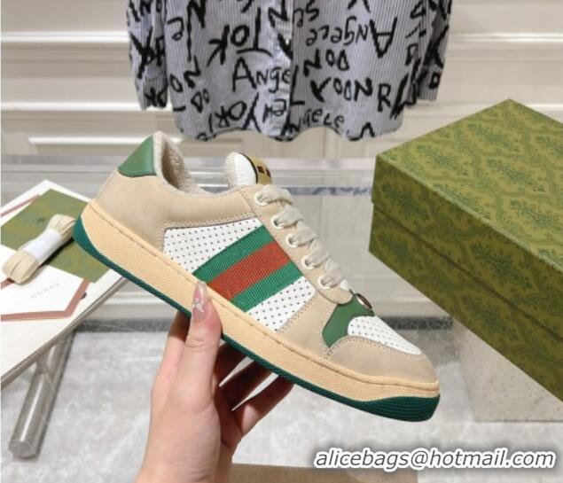 Best Price Gucci Screener Trainer Sneakers in Perforated Leather with Web Beige/Green 1119139