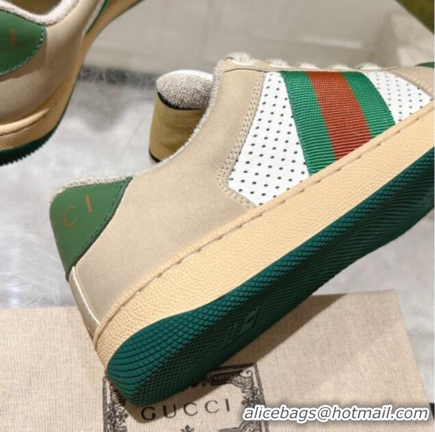 Best Price Gucci Screener Trainer Sneakers in Perforated Leather with Web Beige/Green 1119139