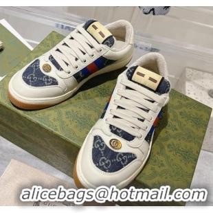 Classic Hot Gucci Screener Trainer Sneakers in White Leather and GG Denim with Web 1119140