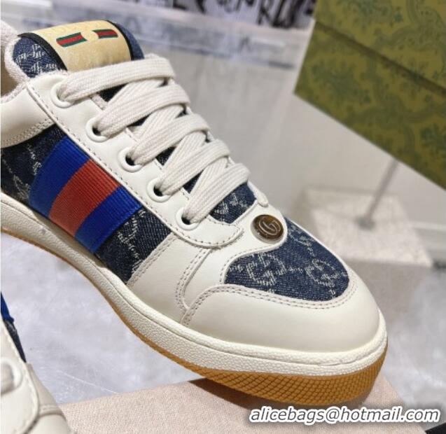 Classic Hot Gucci Screener Trainer Sneakers in White Leather and GG Denim with Web 1119140