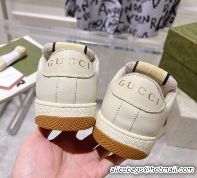 Classic Hot Gucci Screener Trainer Sneakers in White Leather and GG Denim with Web 1119140