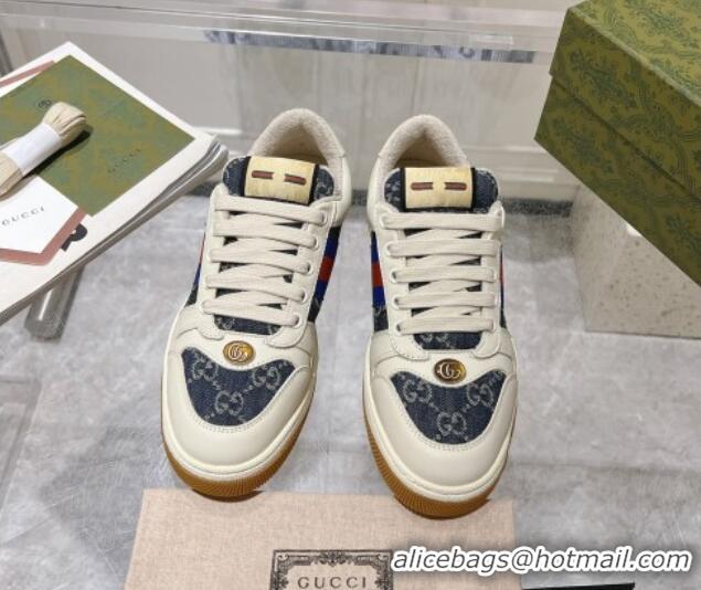 Classic Hot Gucci Screener Trainer Sneakers in White Leather and GG Denim with Web 1119140