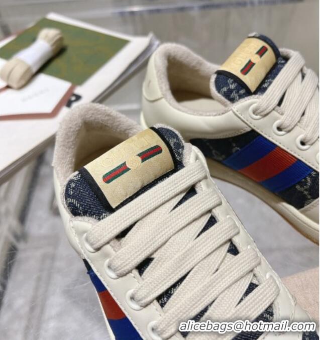 Classic Hot Gucci Screener Trainer Sneakers in White Leather and GG Denim with Web 1119140