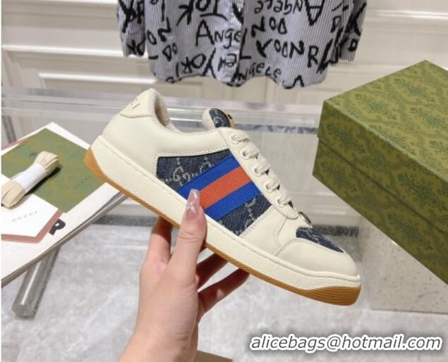 Classic Hot Gucci Screener Trainer Sneakers in White Leather and GG Denim with Web 1119140