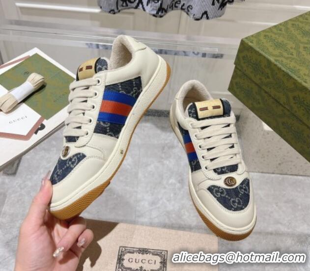 Classic Hot Gucci Screener Trainer Sneakers in White Leather and GG Denim with Web 1119140