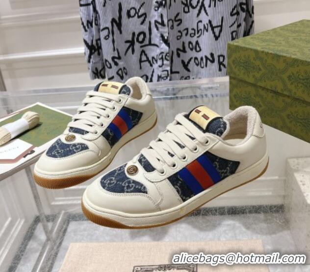 Classic Hot Gucci Screener Trainer Sneakers in White Leather and GG Denim with Web 1119140