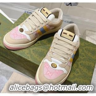 Pretty Style Gucci Screener Trainer Sneakers in Beige Suede and GG Canvas with Web Pink 1119141