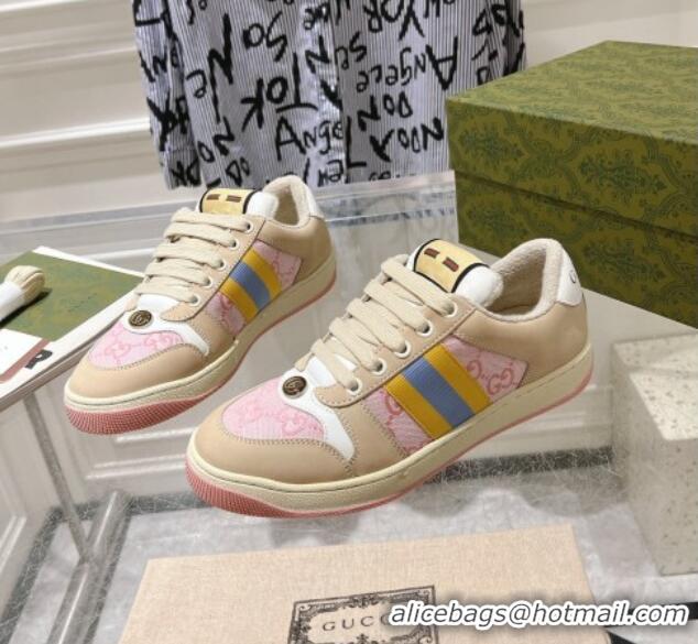 Pretty Style Gucci Screener Trainer Sneakers in Beige Suede and GG Canvas with Web Pink 1119141