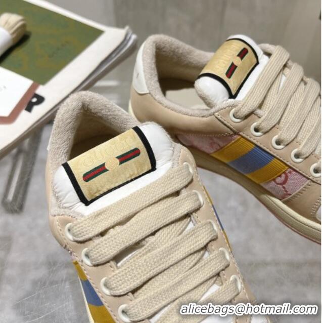 Pretty Style Gucci Screener Trainer Sneakers in Beige Suede and GG Canvas with Web Pink 1119141