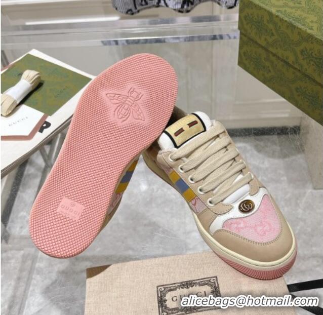 Pretty Style Gucci Screener Trainer Sneakers in Beige Suede and GG Canvas with Web Pink 1119141