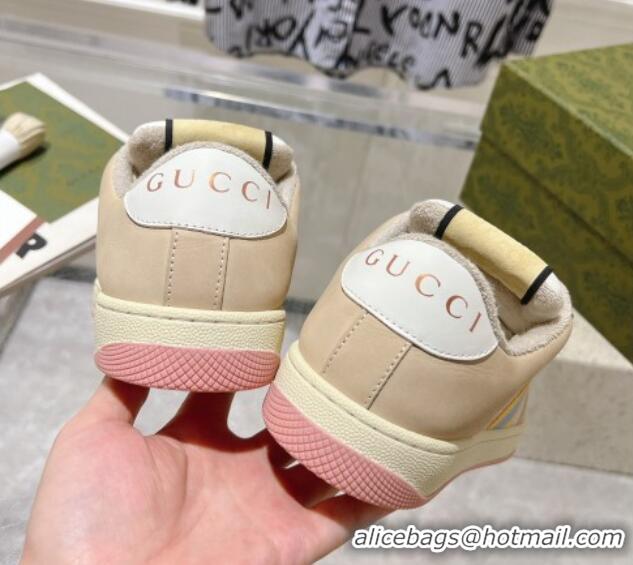 Pretty Style Gucci Screener Trainer Sneakers in Beige Suede and GG Canvas with Web Pink 1119141