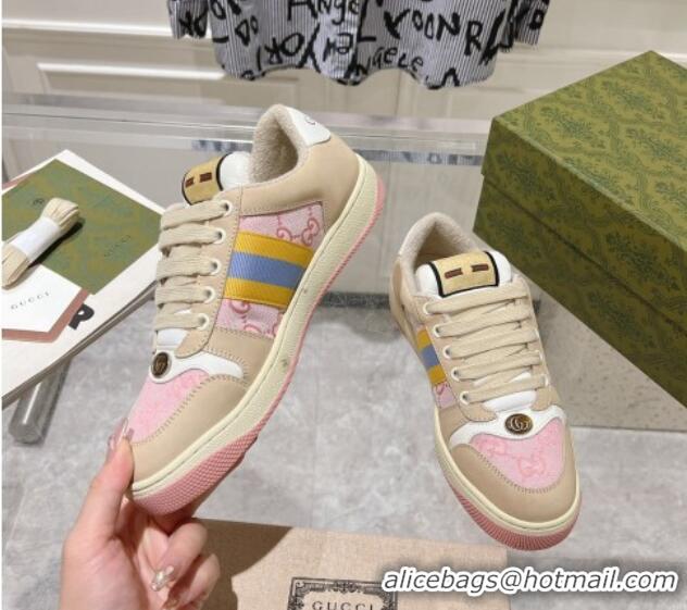 Pretty Style Gucci Screener Trainer Sneakers in Beige Suede and GG Canvas with Web Pink 1119141