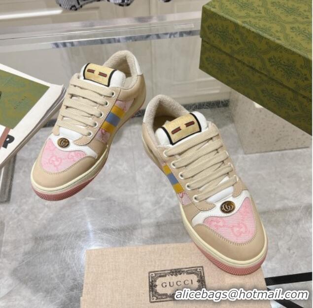 Pretty Style Gucci Screener Trainer Sneakers in Beige Suede and GG Canvas with Web Pink 1119141