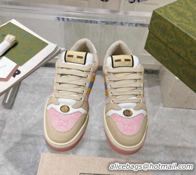 Pretty Style Gucci Screener Trainer Sneakers in Beige Suede and GG Canvas with Web Pink 1119141