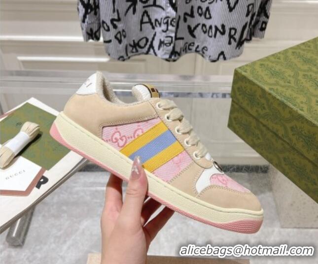 Pretty Style Gucci Screener Trainer Sneakers in Beige Suede and GG Canvas with Web Pink 1119141