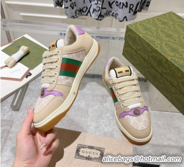 Most Popular Gucci Screener Trainer Sneakers in Beige Suede and GG Canvas with Web Light Purple 1119142