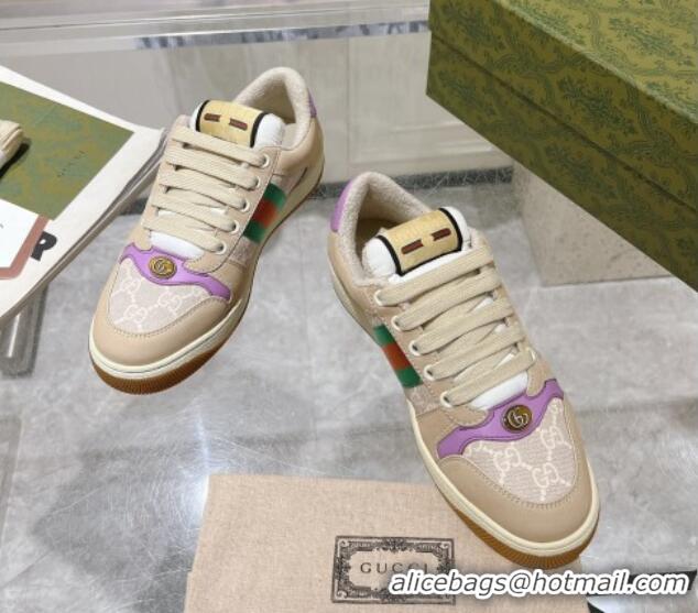 Most Popular Gucci Screener Trainer Sneakers in Beige Suede and GG Canvas with Web Light Purple 1119142