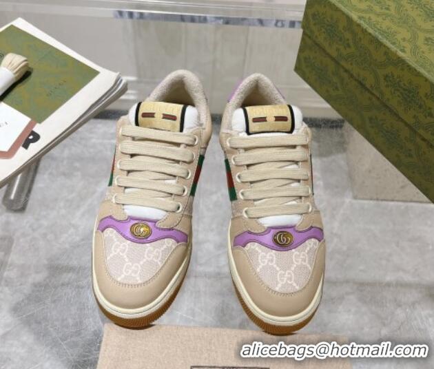 Most Popular Gucci Screener Trainer Sneakers in Beige Suede and GG Canvas with Web Light Purple 1119142