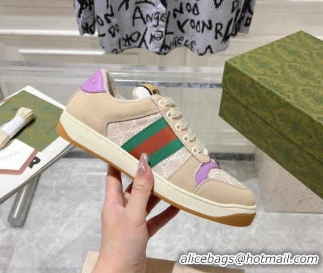 Most Popular Gucci Screener Trainer Sneakers in Beige Suede and GG Canvas with Web Light Purple 1119142