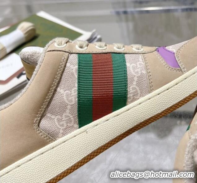 Most Popular Gucci Screener Trainer Sneakers in Beige Suede and GG Canvas with Web Light Purple 1119142