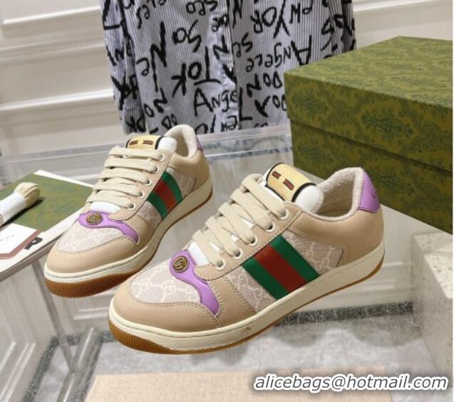 Most Popular Gucci Screener Trainer Sneakers in Beige Suede and GG Canvas with Web Light Purple 1119142