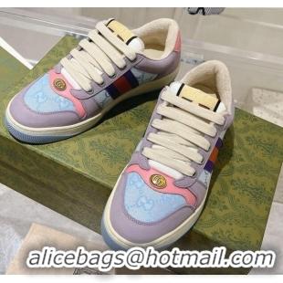 Top Grade Gucci Screener Trainer Sneakers in Beige Suede and GG Canvas with Web Purple/Blue 1119143