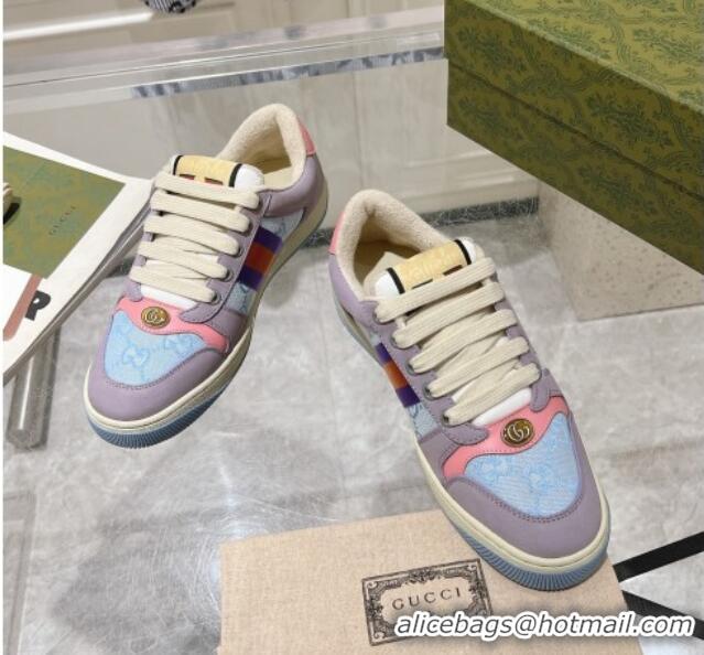 Top Grade Gucci Screener Trainer Sneakers in Beige Suede and GG Canvas with Web Purple/Blue 1119143