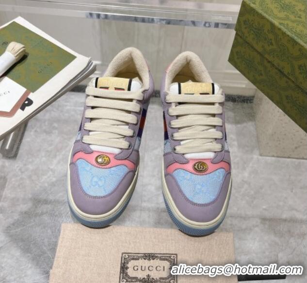 Top Grade Gucci Screener Trainer Sneakers in Beige Suede and GG Canvas with Web Purple/Blue 1119143