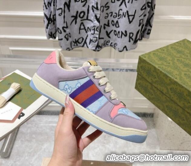 Top Grade Gucci Screener Trainer Sneakers in Beige Suede and GG Canvas with Web Purple/Blue 1119143