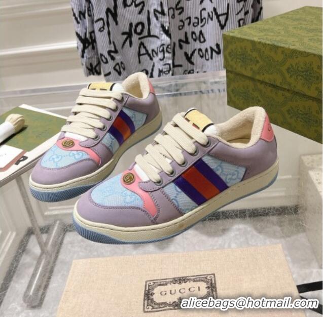 Top Grade Gucci Screener Trainer Sneakers in Beige Suede and GG Canvas with Web Purple/Blue 1119143