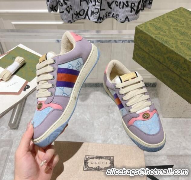 Top Grade Gucci Screener Trainer Sneakers in Beige Suede and GG Canvas with Web Purple/Blue 1119143