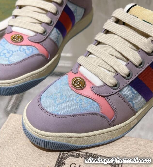 Top Grade Gucci Screener Trainer Sneakers in Beige Suede and GG Canvas with Web Purple/Blue 1119143