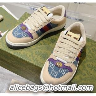 Durable Gucci Screener Trainer Sneakers in Beige Suede and GG Canvas with Web Dark Blue 1119144